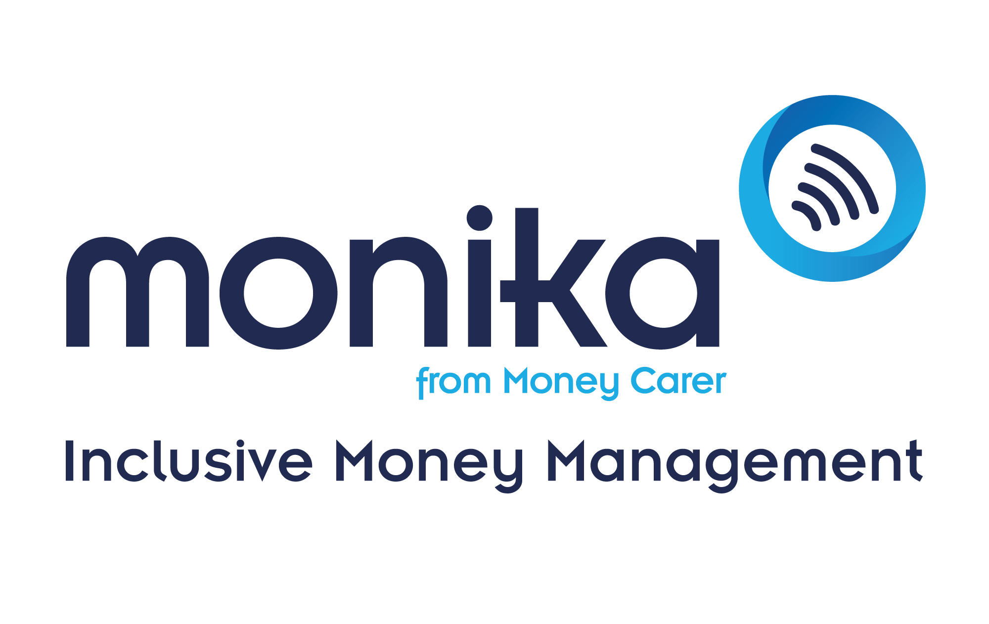 Blue and Navy Blue monika logo. Words: "monika from Money Carer, Inclusive Money Management".